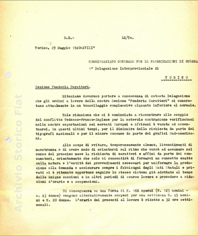 Prima pagina del comunicato sulla riduzione dell'orario @ Fabbrica di Nebiolo dagli anni '30